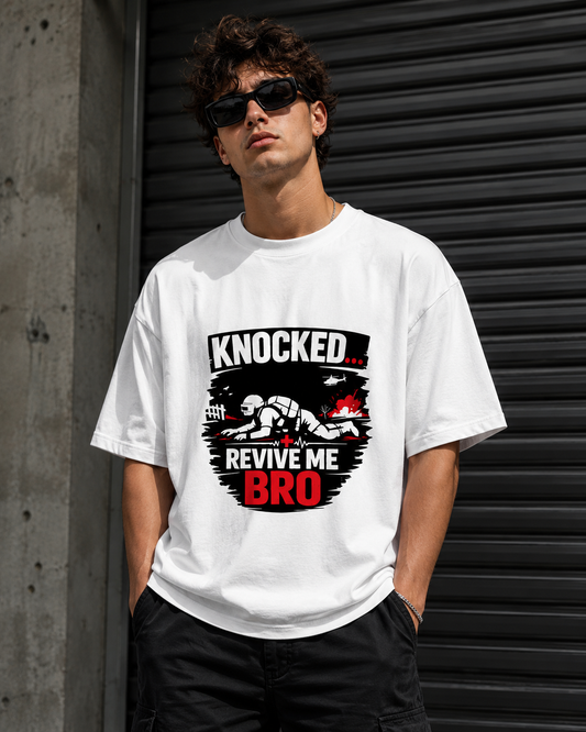 Knocked… Revive Me Bro Oversized Gaming T-Shirt – Premium Streetwear PUBG Inspired Graphic Tee